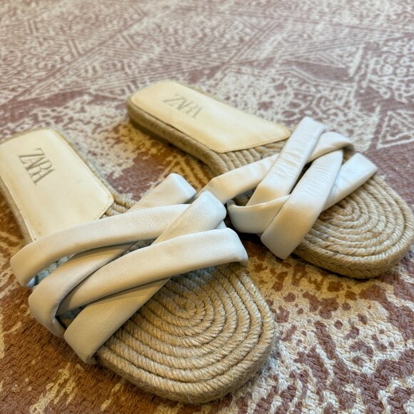 Zara White Leather Jute Sandals - Picture 1 of 4